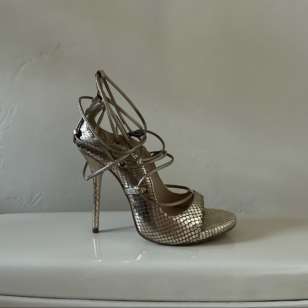 SOLD. Steve Madden Metallic Gold Snake Print Lace Up Heels Size 7